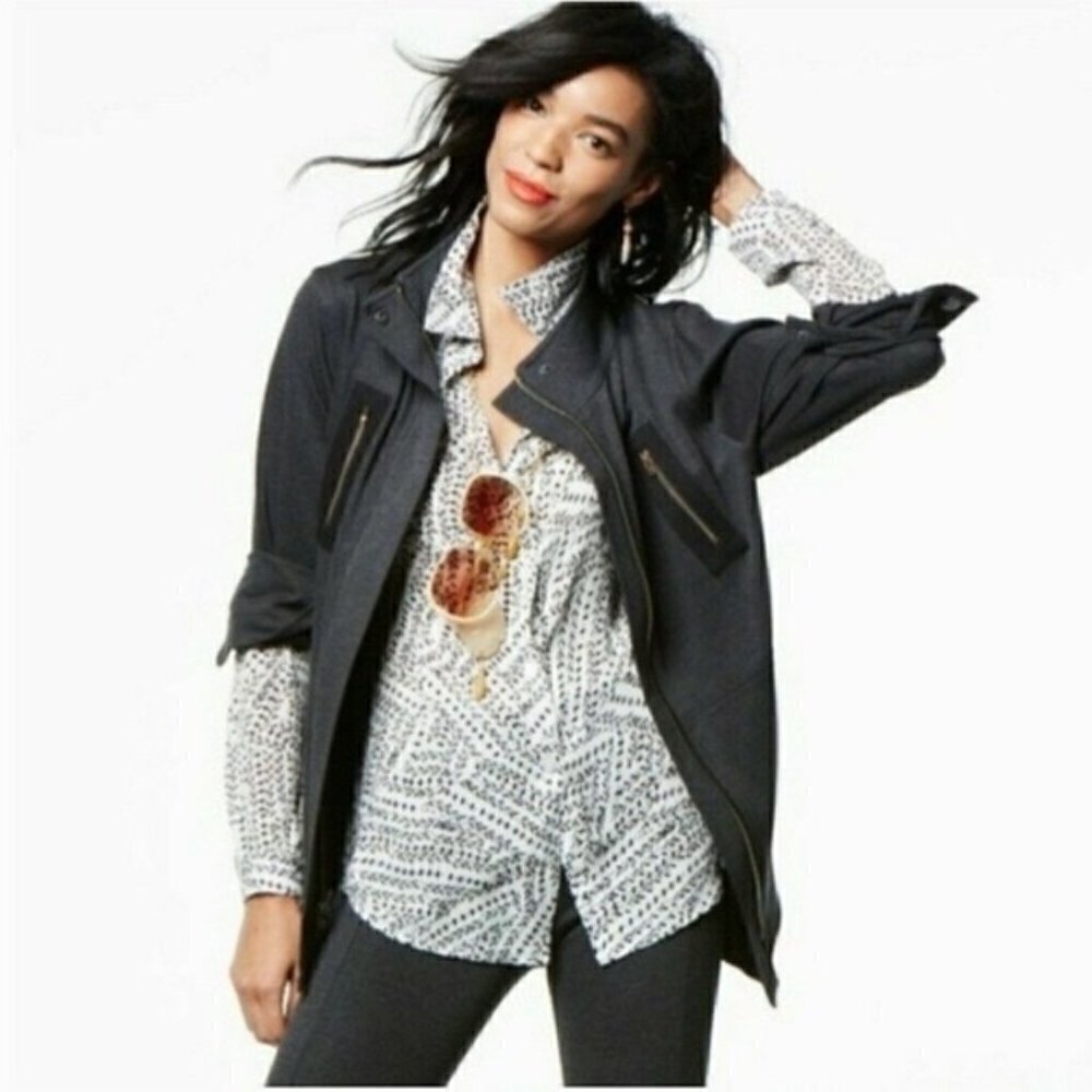 Cabi Black & White Split Black Printed Long Sleeve Top M #3255